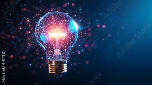 Glowing light bulb with cosmic sparkles and bokeh effect