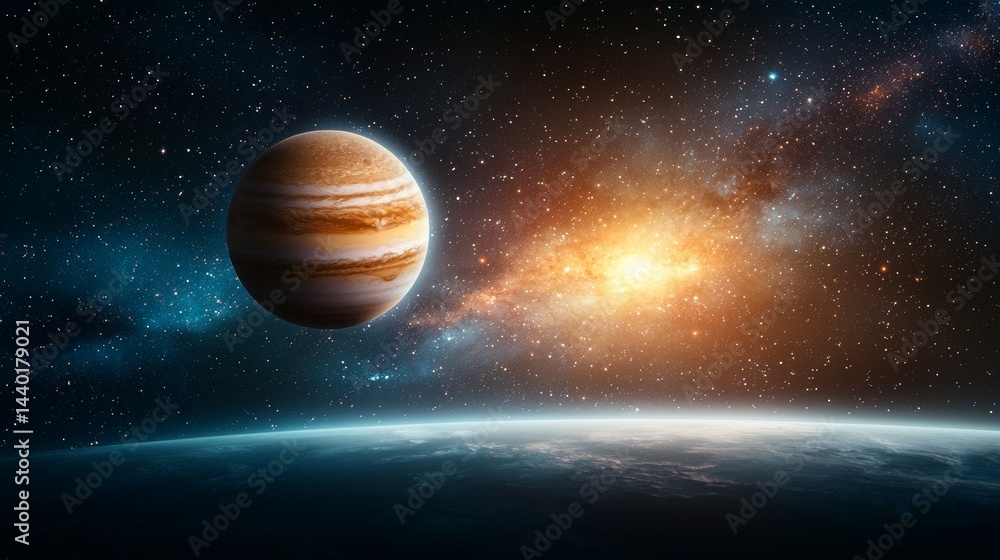 Majestic view of Jupiter against a cosmic backdrop Majestic view of Jupiter against a cosmic backdrop
