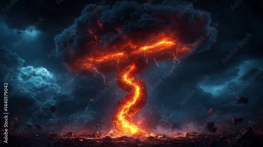Dramatic volcanic eruption with swirling lava and stormy skies Dramatic volcanic eruption with swirling lava and stormy skies