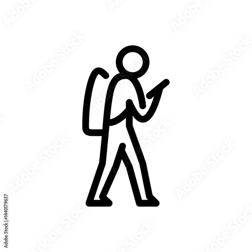 walking while looking at a smartphone outline icon. stickman line art illustration.