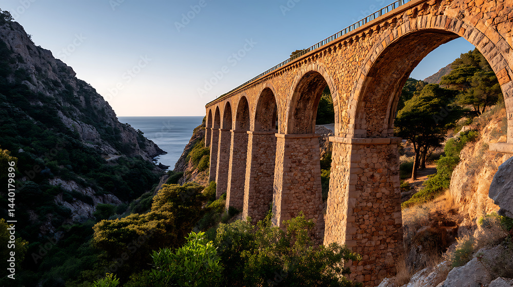 Obraz premium Ancient Stone Aqueduct Arching Across Coastal Valley With Ocean In Background, Timeless Infrastructure Theme For Heritage Projects, Travel Prints, And Landscape Narratives