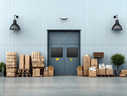 Vector design of a European distribution center with goods ready for shipment, open background