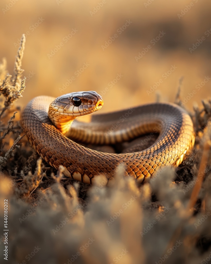 Fototapeta premium Alert Brown Snake Coiled in Dry Grass and Staring Ahead in Sunlit Open Field Habitat