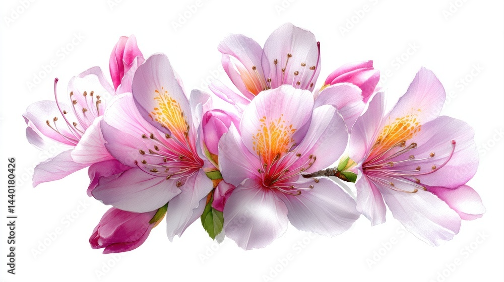 Naklejka premium Watercolor cluster of delicate pink rhododendron blossoms with yellow stamens on a soft white background.