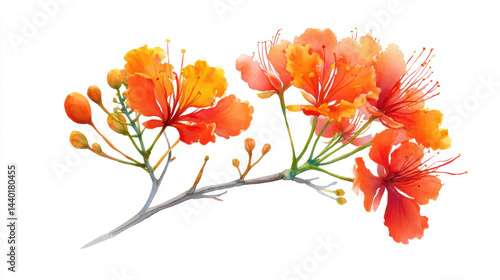 Watercolor of vibrant Royal Poinciana flowers blooming on a branch, orange and yellow petals, tropical elegance on white background.