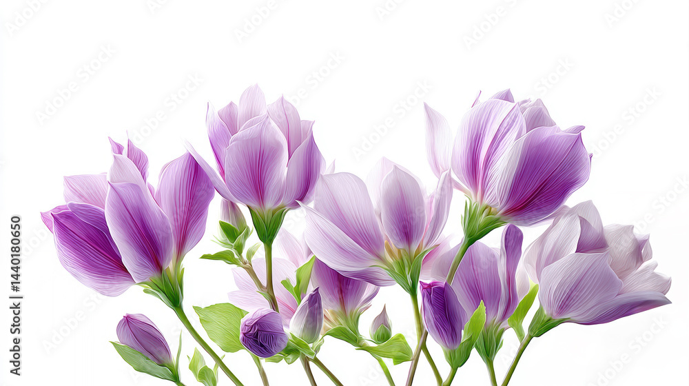 Fototapeta premium Elegant watercolor painting of Siam Tulip flowers with purple petals and green stems on a white background.