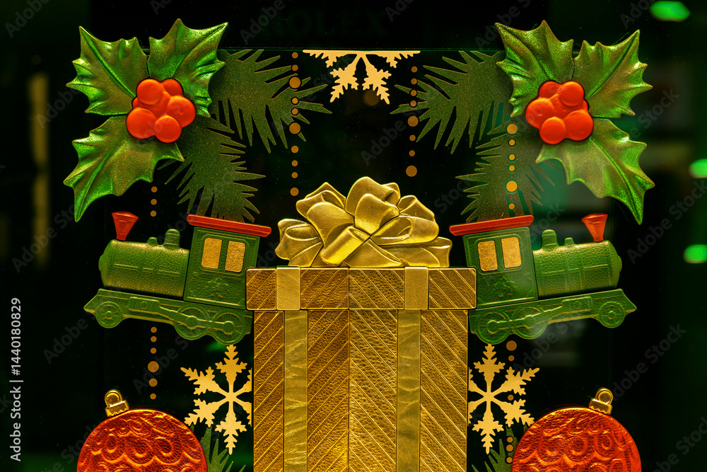 Christmas decoration featuring golden gift, green train and red balls
