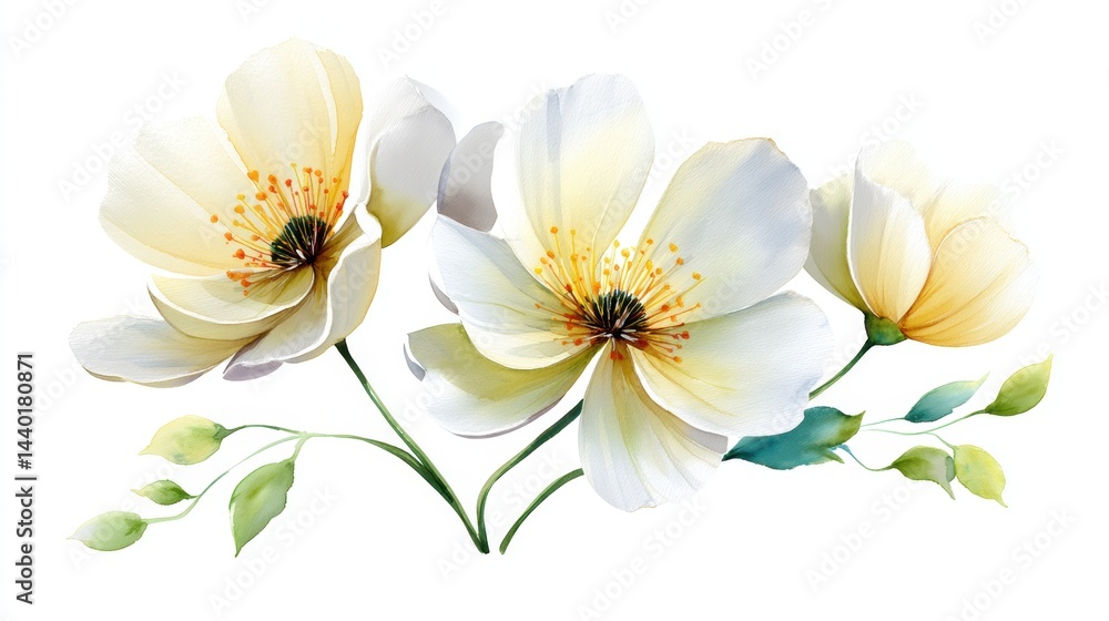 Fototapeta premium Three White Popinac flowers with soft green leaves in delicate watercolor style, pure and natural on a white background.
