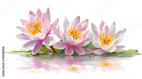 Realistic watercolor of three pink water lilies with reflections on calm water and green leaves, white background.