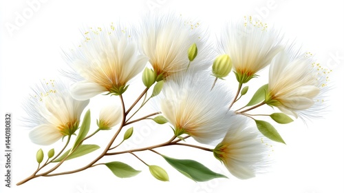 Two White Champaca blossoms with yellow stamens on a branch, delicate and pure, symbol of spring, watercolor style, white background.