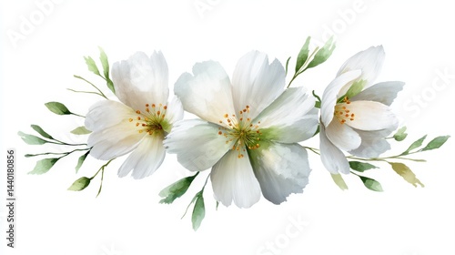 White Popinac blossoms with green leaves, delicate watercolor style, white background.