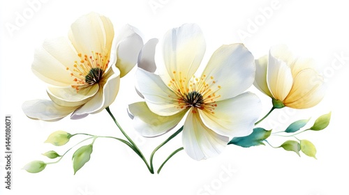 Three White Popinac flowers with soft green leaves in delicate watercolor style, pure and natural on a white background.