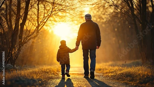 Wallpaper Mural Grandfather and grandson walking hand-in-hand at sunrise through a forest path. Torontodigital.ca