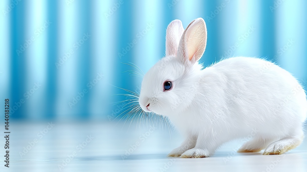 Fototapeta premium White Bunny Standing on Light Blue Surface in Soft Focus