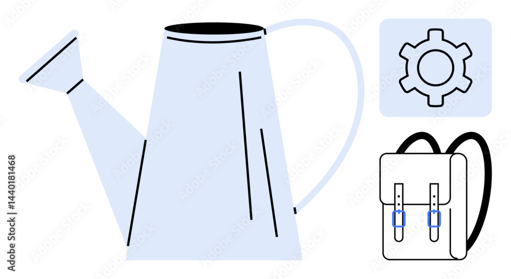 Watering can symbolizing nurturing, a gear icon for innovation, and a backpack emphasizing education. Ideal for growth, teamwork, productivity, education, sustainability, tools and a simple landing Watering can symbolizing nurturing, a gear icon for innovation, and a backpack emphasizing education. Ideal for growth, teamwork, productivity, education, sustainability, tools and a simple landing