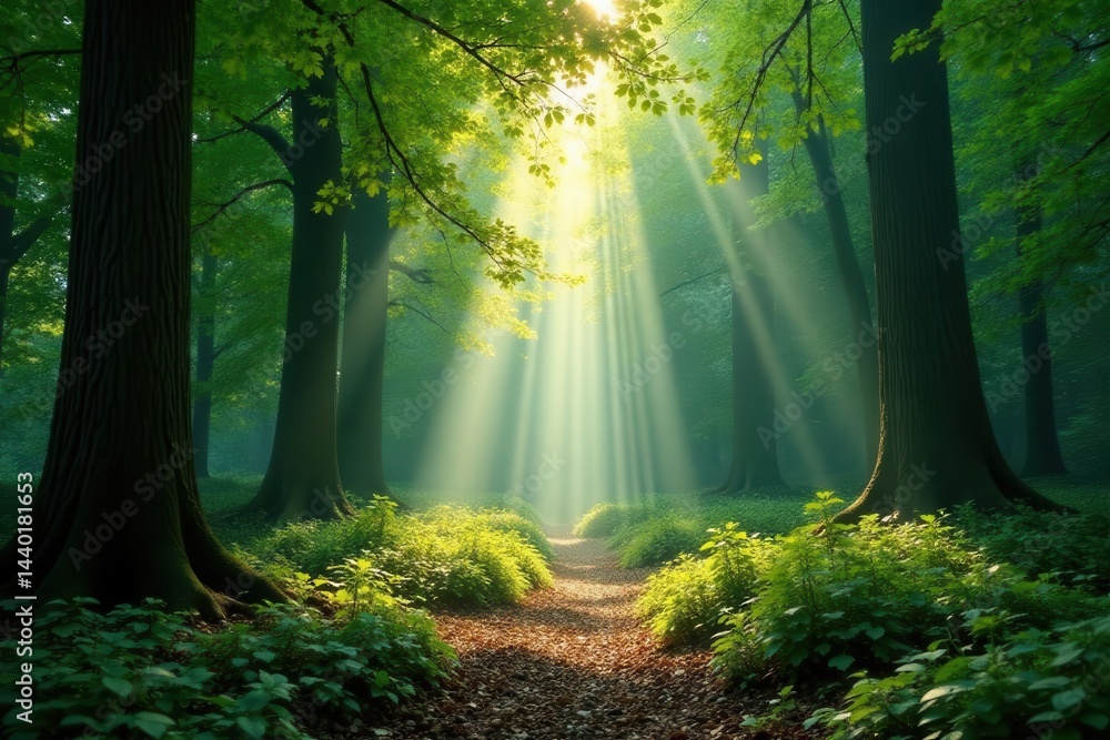 Obraz premium Sunlight streams through canopy, dappling forest floor , natural, vibrant