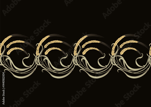 Ears of cereal, wheat or rye Seamless border pattern, linear ornament, ribbon Vector illustration. Outline hand drawing. In art nouveau style, vintage, old, retro style.