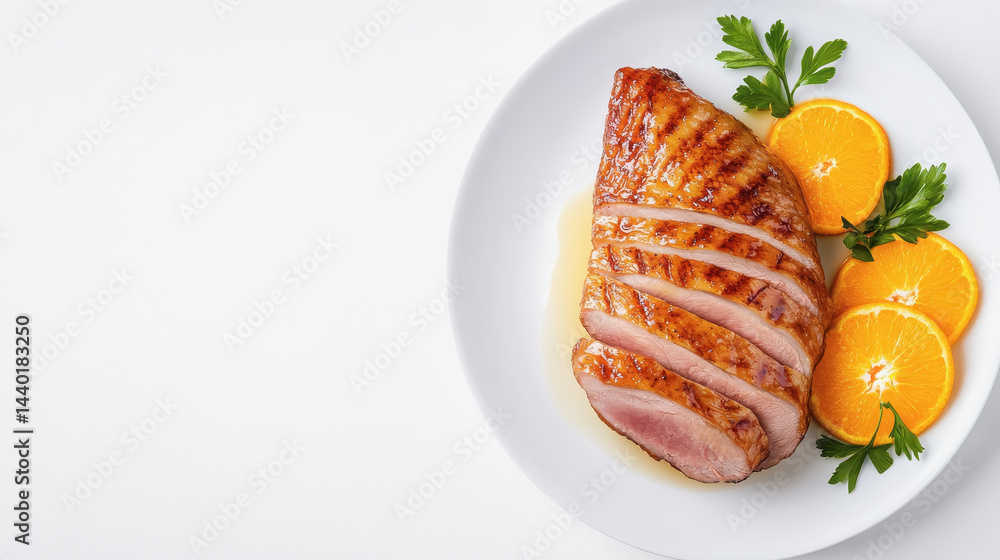 Aerial view of a gorgeous roasted duck dish artfully plated with fresh oranges and garnishes for a culinary delight Aerial view of a gorgeous roasted duck dish artfully plated with fresh oranges and garnishes for a culinary delight