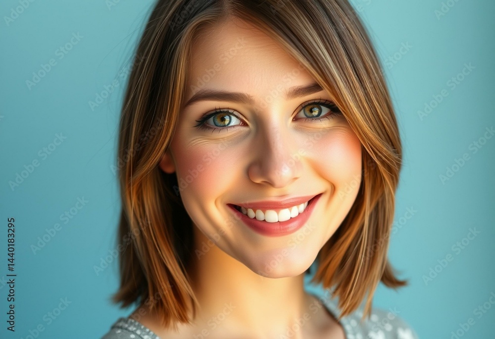 Portrait of a smiling female on a warm pastel blue background Portrait of a smiling female on a warm pastel blue background