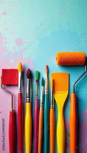 Assortment of colorful paintbrushes, rollers, and spatulas against a PowerPoint presentation backdrop, template, artistic