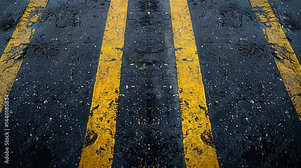 Road markings on asphalt, yellow lines, worn surface. Suitable for transportation topics, urban life, infrastructure.