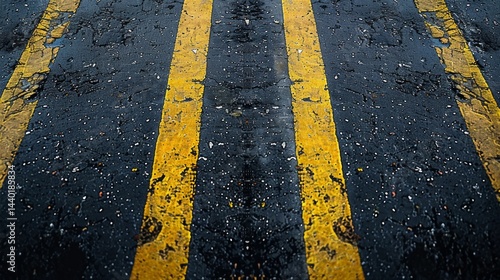 Obraz na płótnie Road markings on asphalt, yellow lines, worn surface. Suitable for transportation topics, urban life, infrastructure. w salonie
