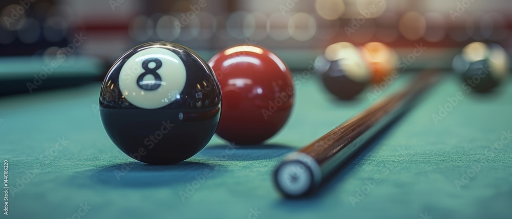 Close-up of billiard table with balls, emphasis on details and textures. Suitable for sports blogs, advertising of entertainment establishments, interior design.