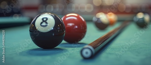 Close-up of billiard table with balls, emphasis on details and textures. Suitable for sports blogs, advertising of entertainment establishments, interior design.