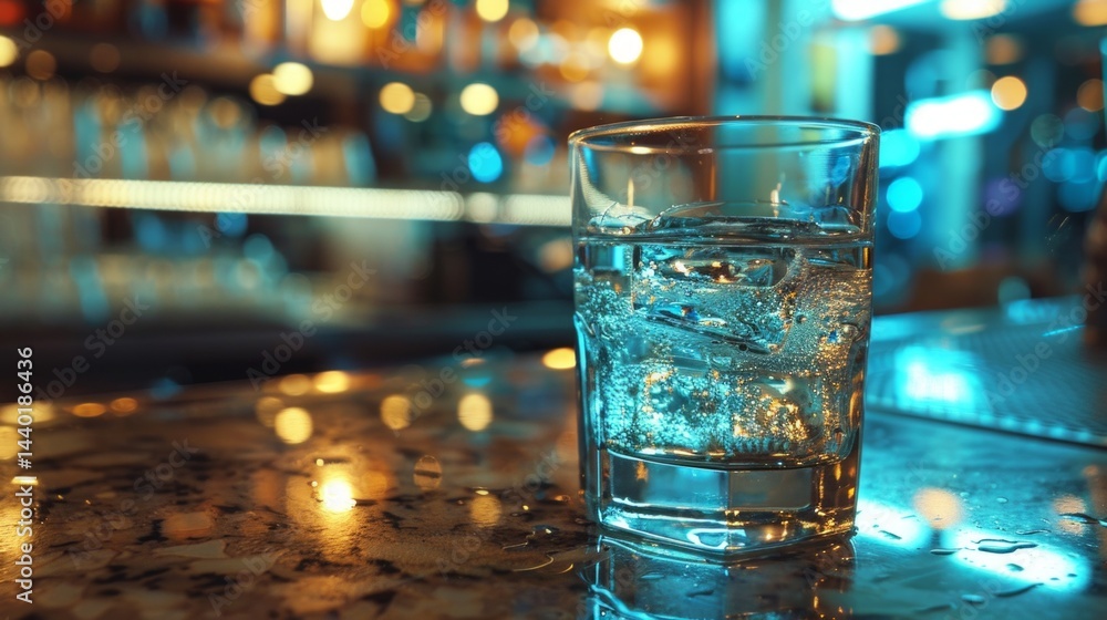 Glass glass glass with water and ice on bar counter, blurred background with lights. Useful for advertising drinks, night clubs, bars.