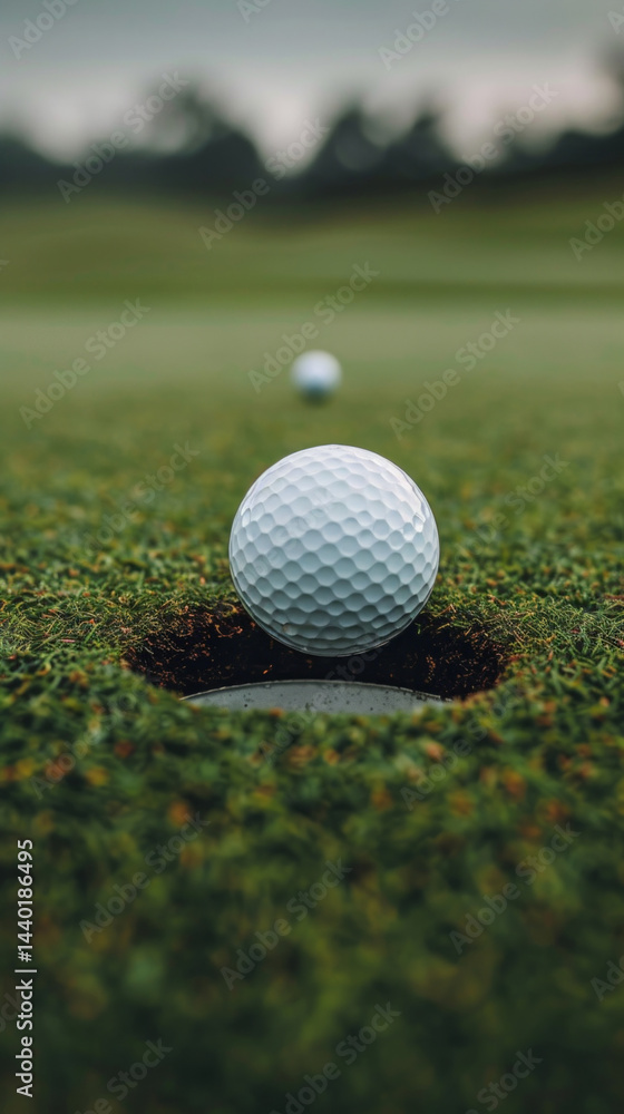 Golf ball on green grass next to the hole, blurred background with trees. Useful for sports blogs, advertising of golf equipment.