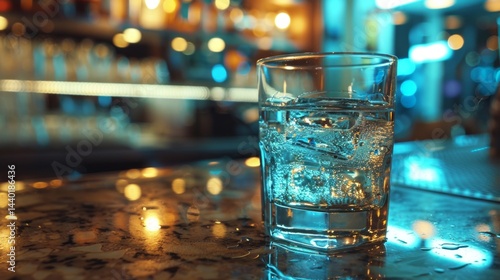 Obraz na płótnie Glass glass glass with water and ice on bar counter, blurred background with lights. Useful for advertising drinks, night clubs, bars. w salonie