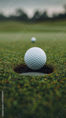 Obraz na płótnie Golf ball on green grass next to the hole, blurred background with trees. Useful for sports blogs, advertising of golf equipment. w salonie