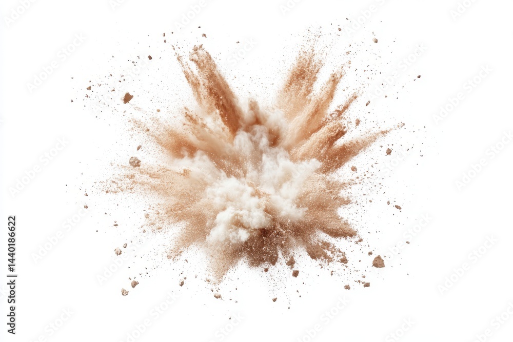 A burst of beige and white powder exploding outward on a clean white background in a studio shot A burst of beige and white powder exploding outward on a clean white background in a studio shot