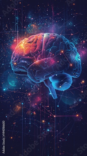 Abstract background with brain against space networks and lights, futuristic design..Useful for scientific articles, technological presentations, backgrounds for creative projects.