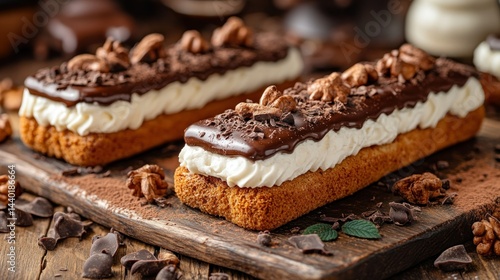 Rich pastries with whipped cream and chocolate toppings