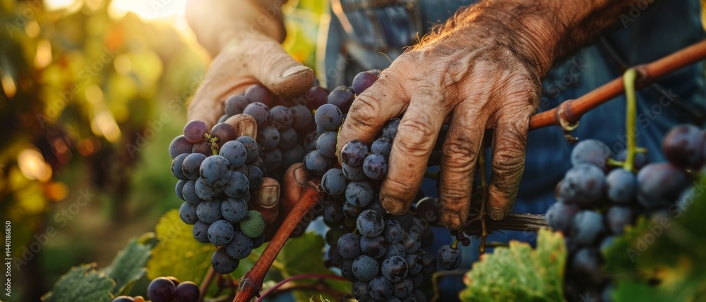 Farmer's hands with bunches of grapes on vineyard background. Agriculture, winemaking, advertising of natural products.