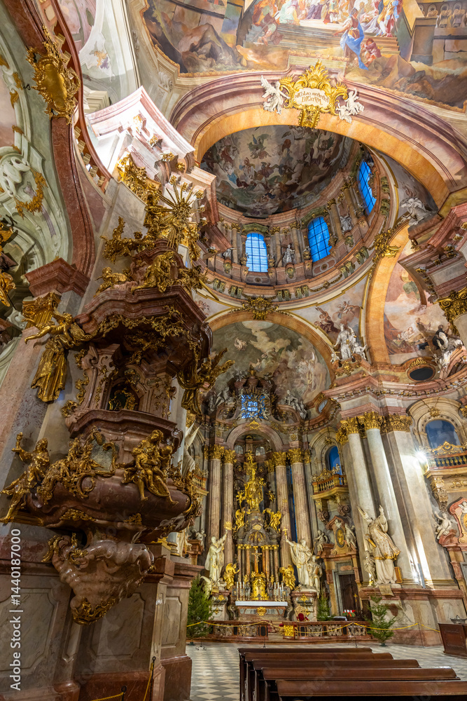 Interior of St. Nicholas Church showing baroque architecture and frescoes in Prague