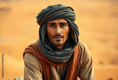 Portrait of a male nomad person in a desert landscape
