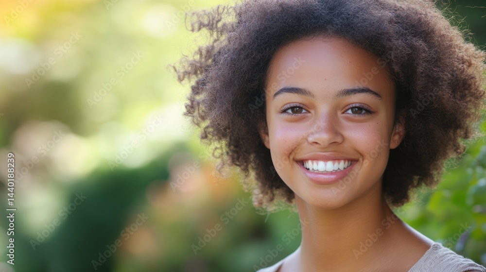 Smiling young woman with afro hairstyle, portrait in nature Smiling young woman with afro hairstyle, portrait in nature