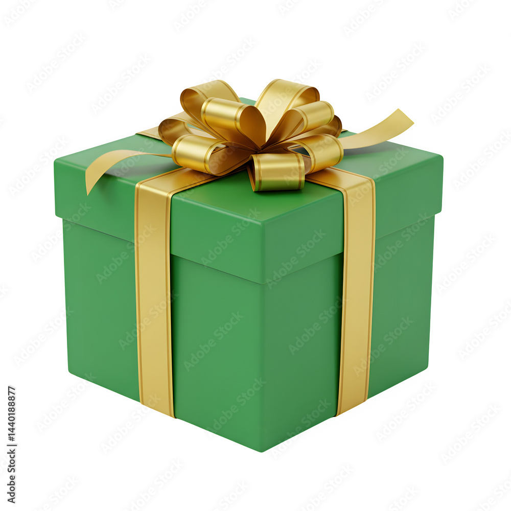Obraz premium Green gift box with Elegant golden ribbon and Elegant golden bow on white or transparent background, PNG