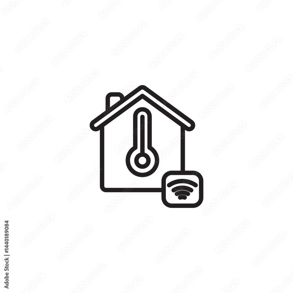 A house icon containing a thermometer, with a wireless signal icon in the bottom right corner. Represents a smart thermostat or home temperature control. A house icon containing a thermometer, with a wireless signal icon in the bottom right corner. Represents a smart thermostat or home temperature control.