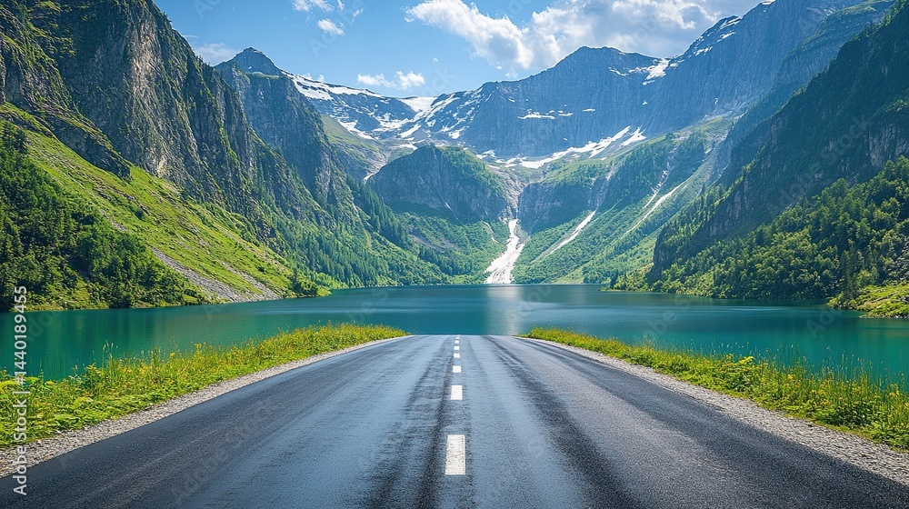 Naklejka premium Asphalt road highway and lake with mountains natural landscape on a sunny day.