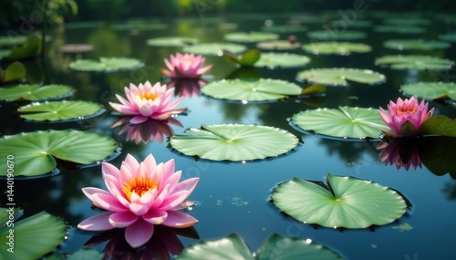Water lilies forming a natural floral pattern across a still lake, lake flowers, elegance, nature