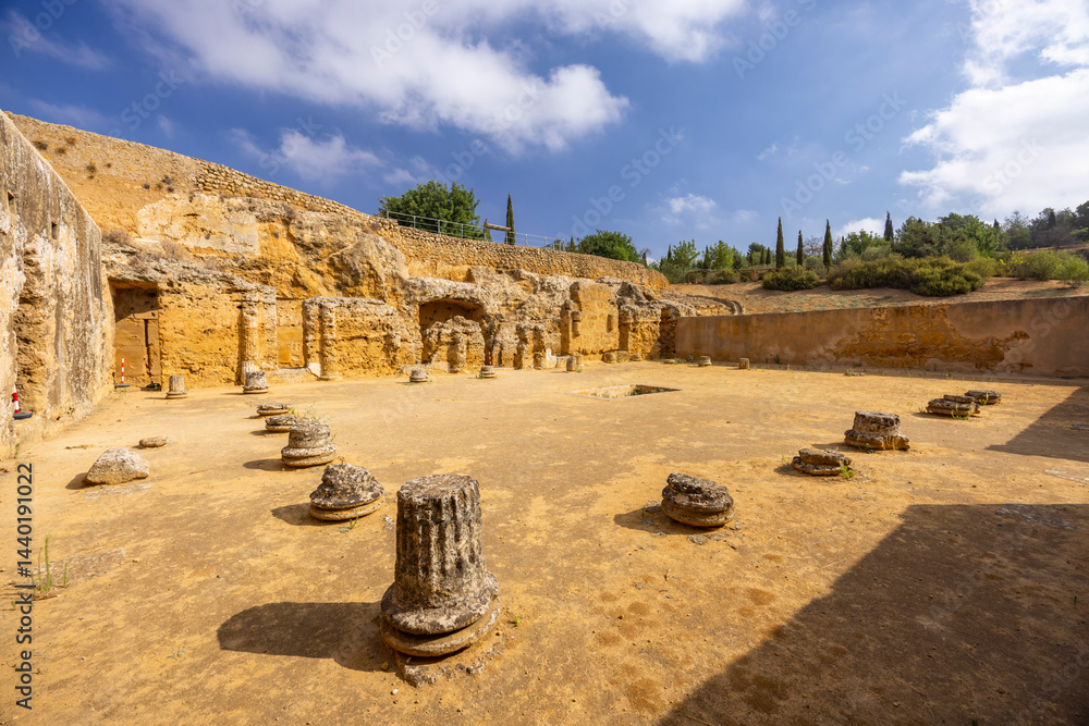 Roman necropolis showing ancient ruins and columns in Carmona, Spain