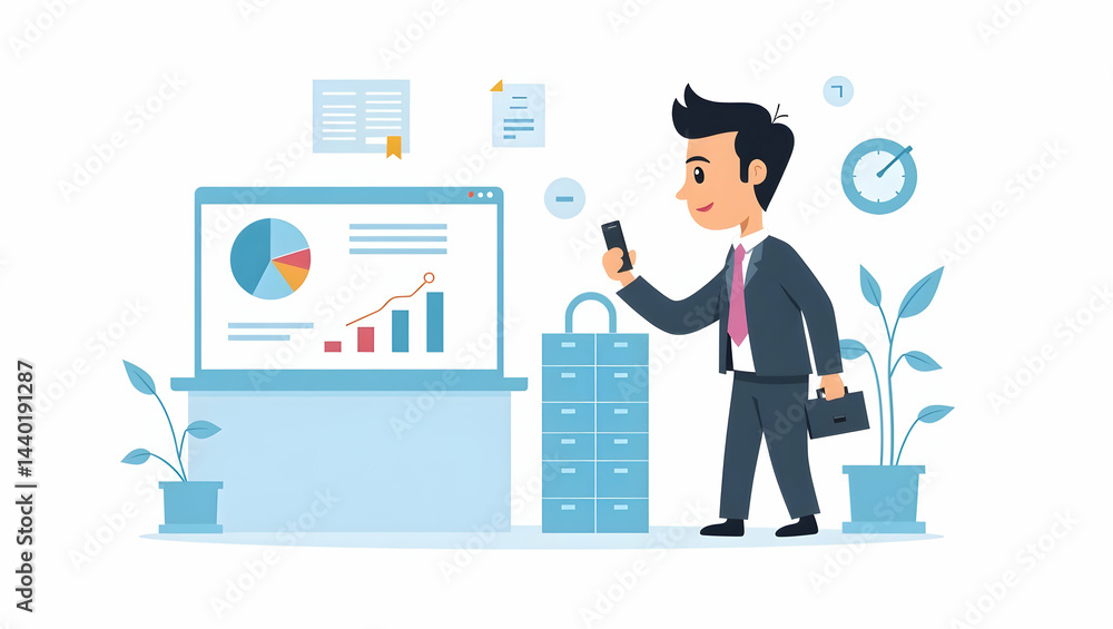 Fototapeta premium Unlock Business Potential: AI-Powered Insights for Enhanced Digital Strategy & Operational Efficiency with Advanced Deep Learning & Real-Time Data Processing - Cute Vector Illustration