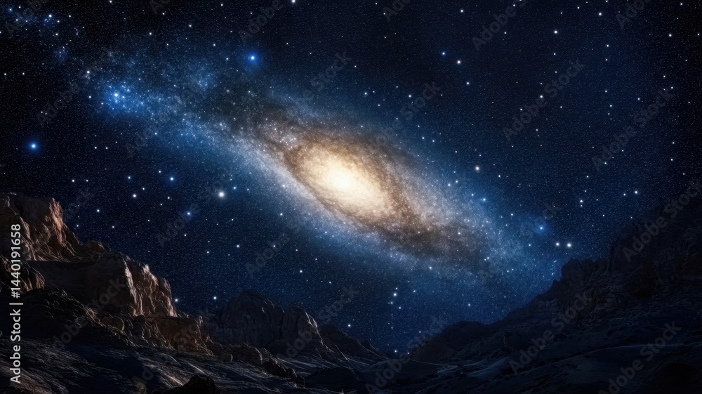 Fototapeta premium Majestic Andromeda Galaxy shines brightly over a remote desert night sky filled with stars