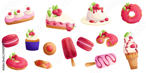 A set of delicious cherry desserts on a white background. The concept of confectionery, baking, cooking. Isolated vector illustrations for menu design, posters, banners, covers