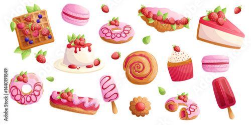 A set of delicious strawberry desserts on a white background. The concept of confectionery, baking, cooking. Isolated vector illustrations for menu design, posters, banners, covers