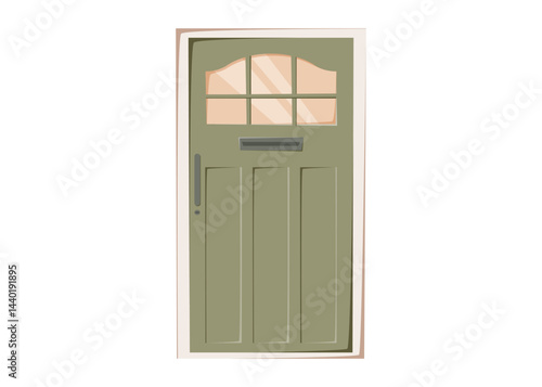 Vector illustration of a cozy green cottage front door Flat style rural entrance with wooden texture and vintage farmhouse vibes. Isolated on white background.
