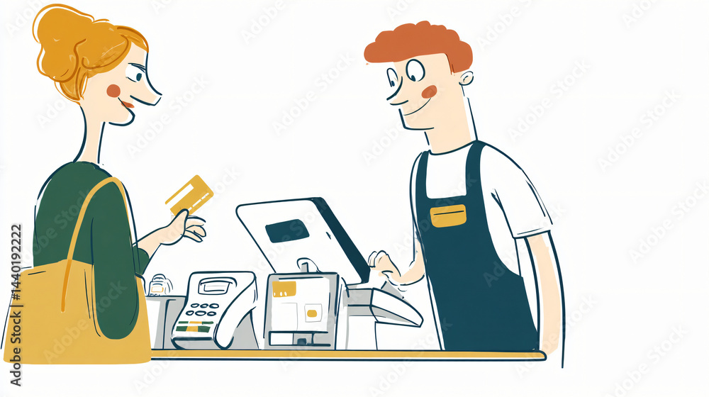 Cartoon customer paying at checkout with credit card. Cartoon customer paying at checkout with credit card.